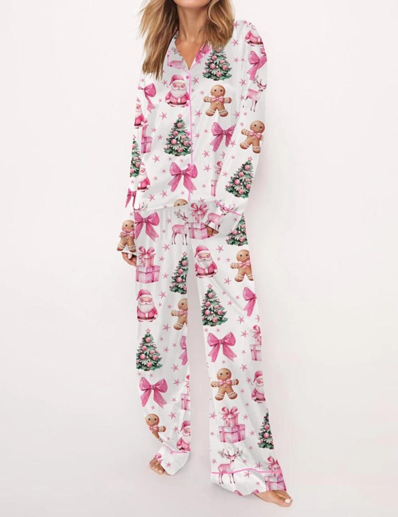 Coquette Pink Christmas Silk Satin Pajama Set For Women