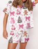 Coquette Pink Christmas Silk Satin Pajama Set For Women