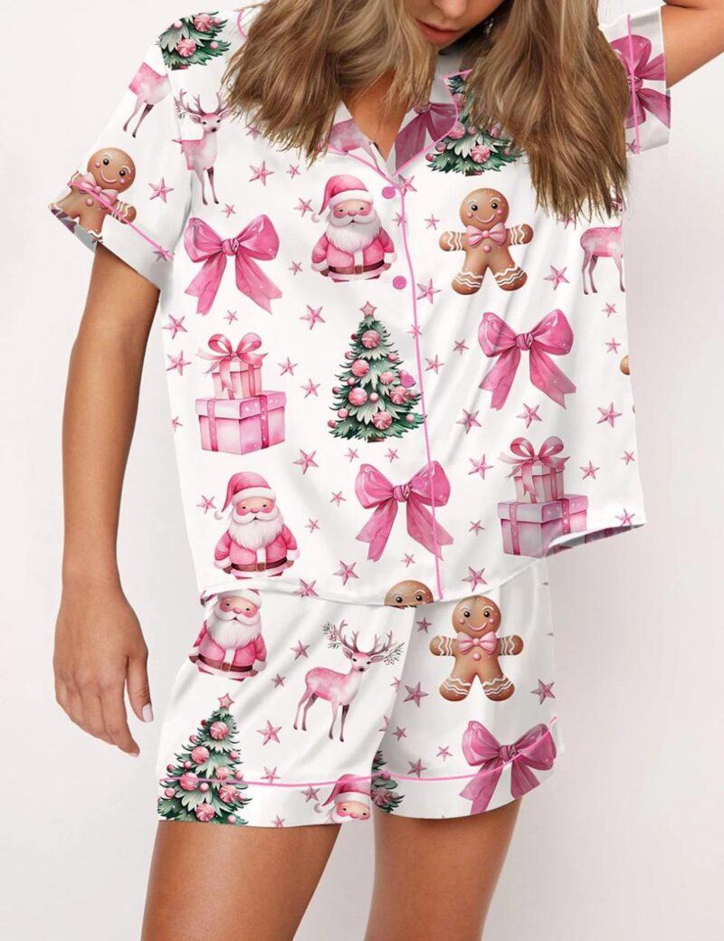 Coquette Pink Christmas Silk Satin Pajama Set For Women