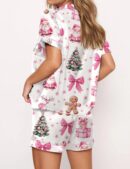 Coquette Pink Christmas Silk Satin Pajama Set For Women