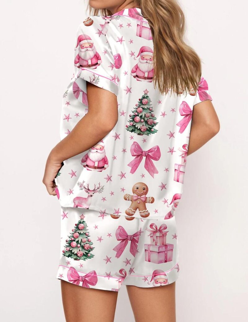 Coquette Pink Christmas Silk Satin Pajama Set For Women