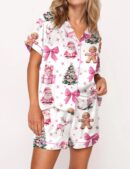 Coquette Pink Christmas Silk Satin Pajama Set For Women