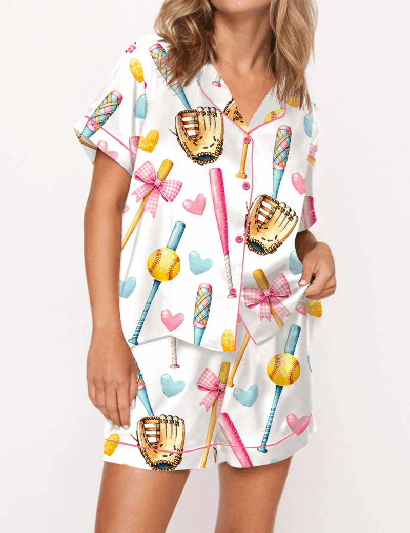 Coquette Softball Silk Satin Pajama Set For Women