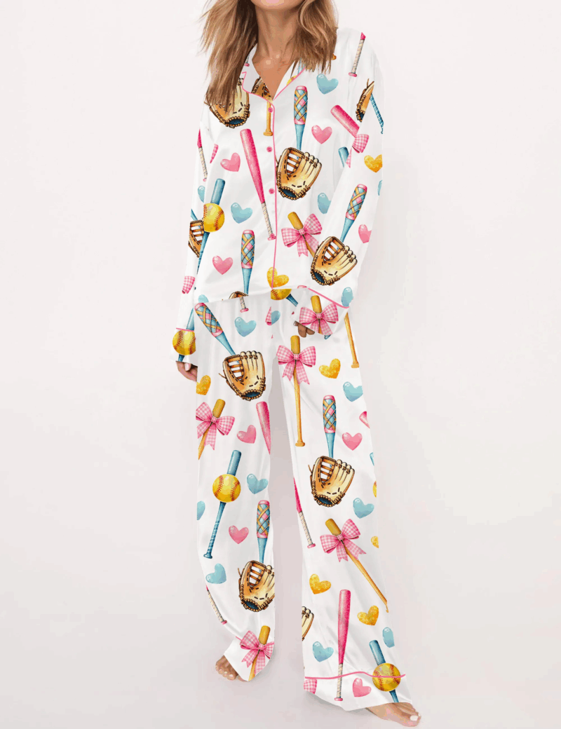 Coquette Softball Silk Satin Pajama Set For Women