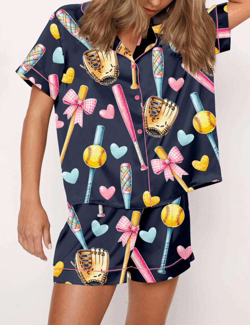 Coquette Softball Silk Satin Pajama Set For Women