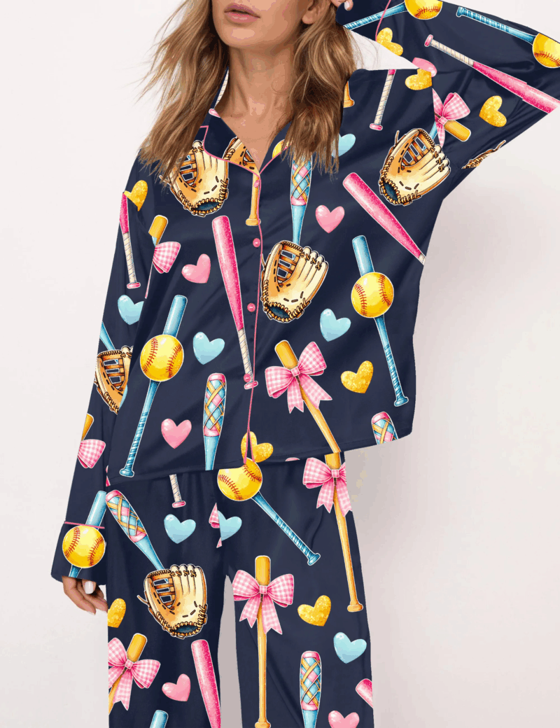 Coquette Softball Silk Satin Pajama Set For Women