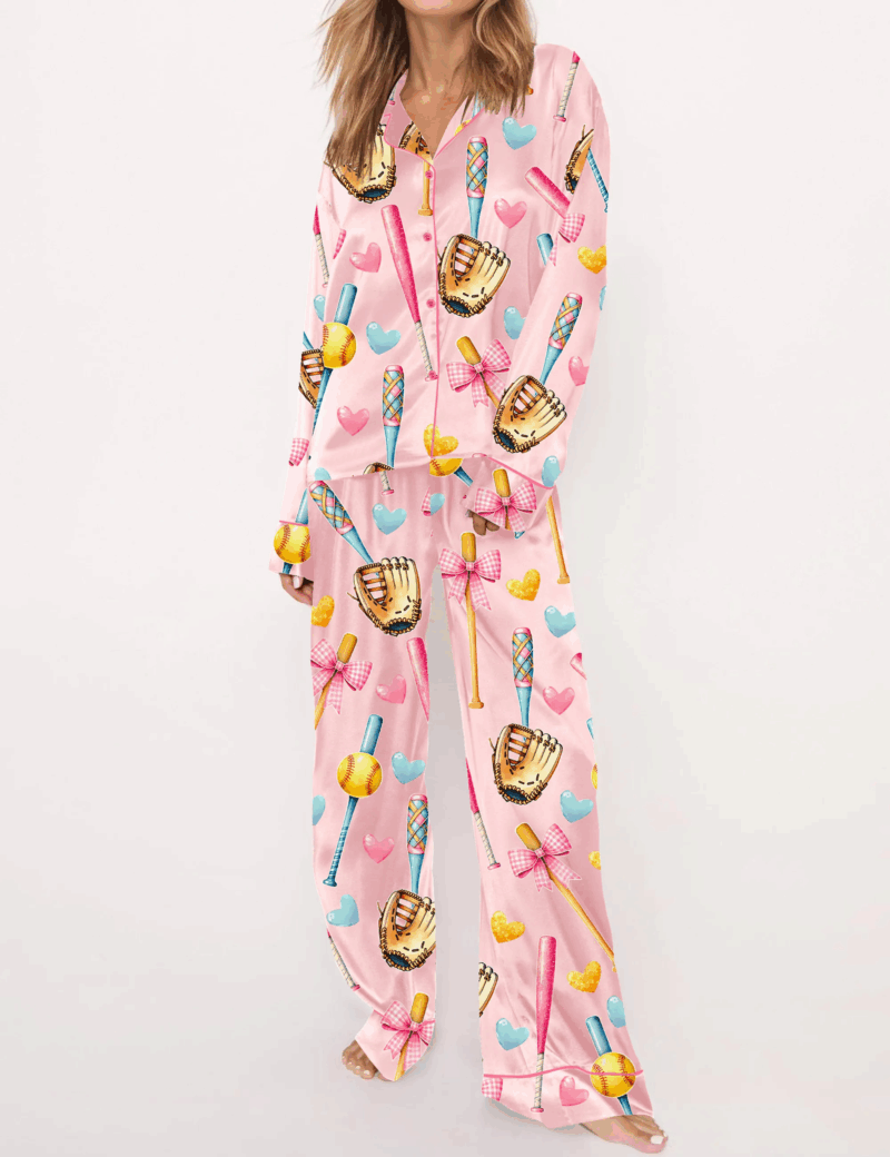 Coquette Softball Silk Satin Pajama Set For Women