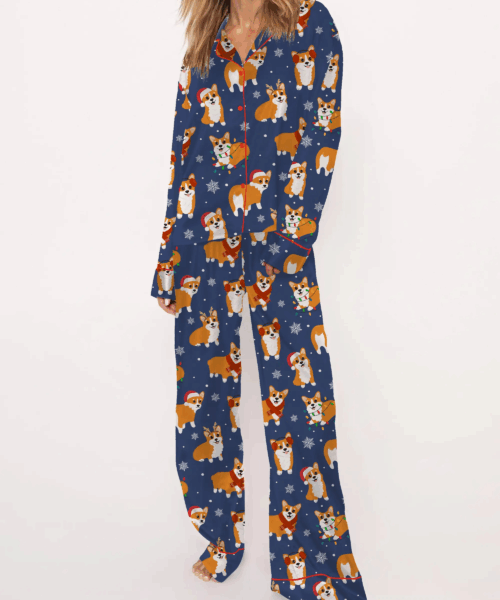 Corgi Dog Christmas Silky Satin Pajama Set For Women