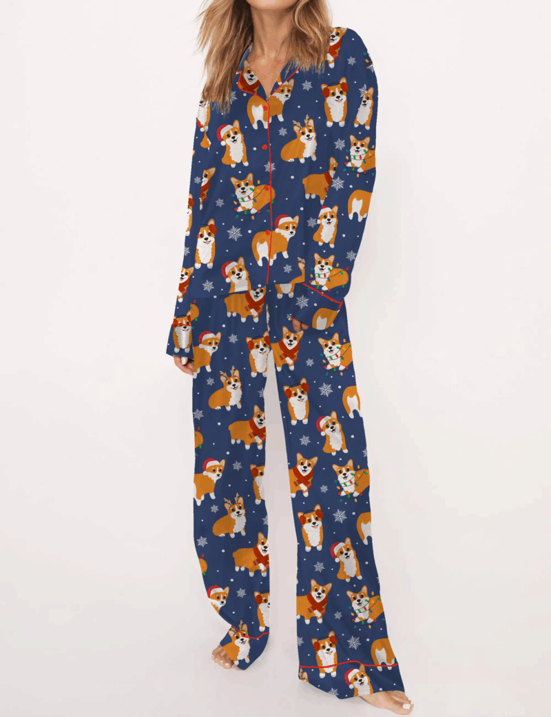 Corgi Dog Christmas Silky Satin Pajama Set For Women