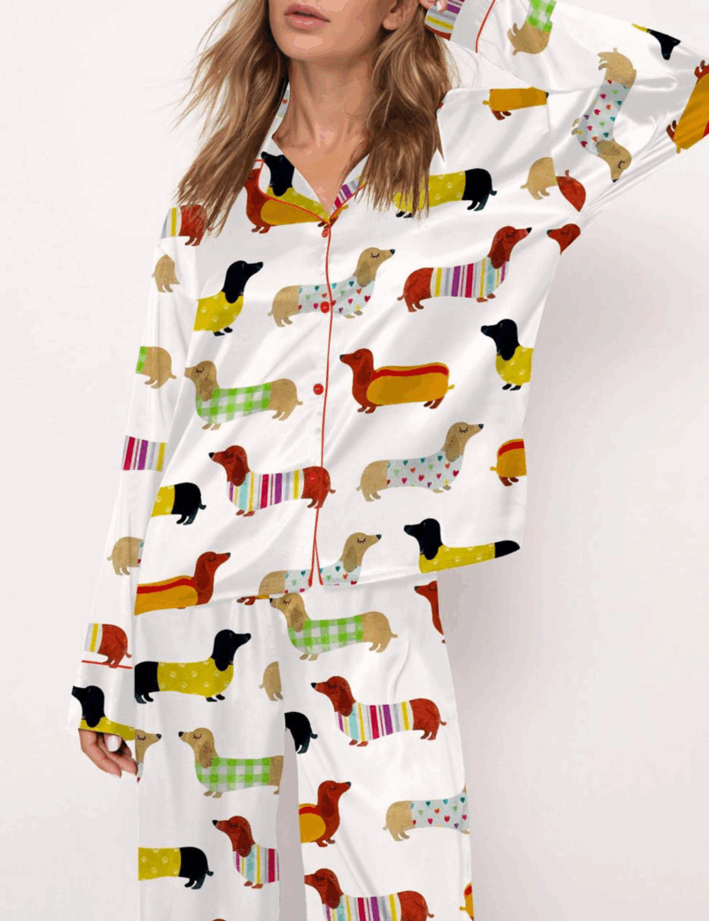 Cute Dachshund Silk Satin Pajama Set For Women