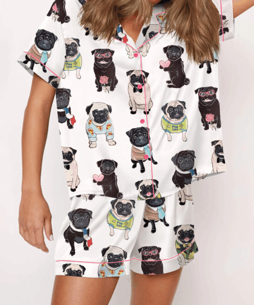 Cute Pug Silk Satin Pajama Set For Women