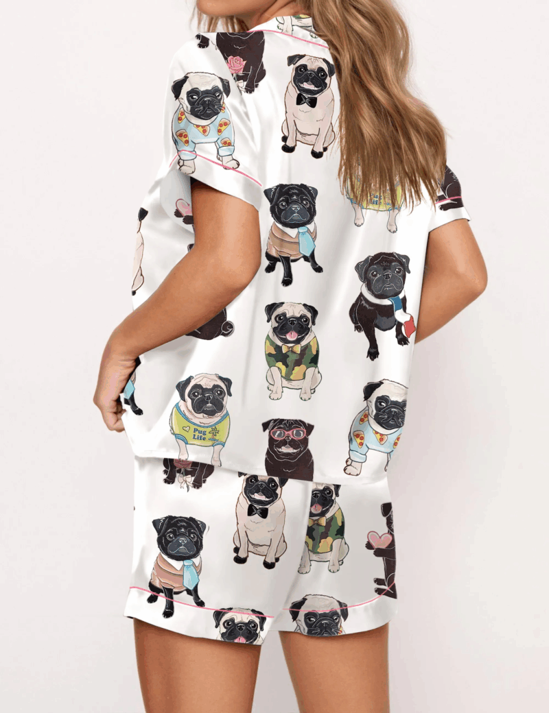Cute Pug Silk Satin Pajama Set For Women