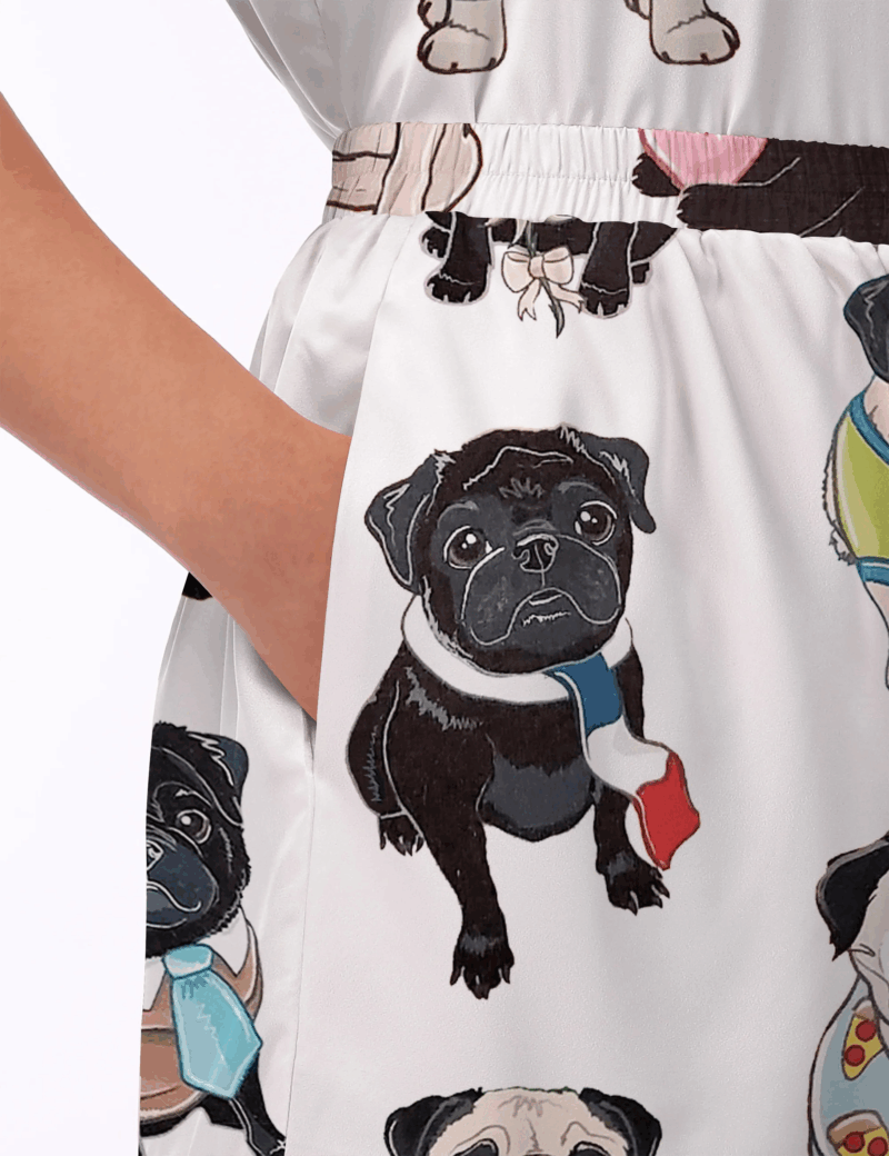 Cute Pug Silk Satin Pajama Set For Women