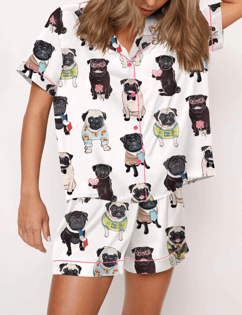 Cute Pug Silk Satin Pajama Set For Women