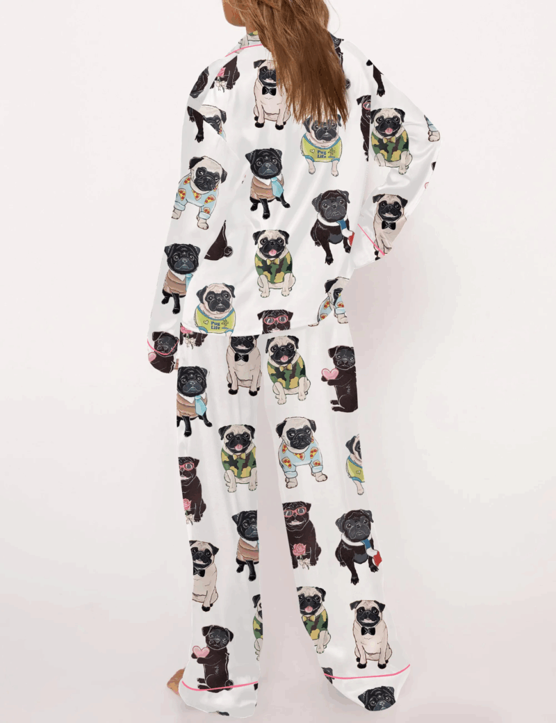 Cute Pug Silk Satin Pajama Set For Women