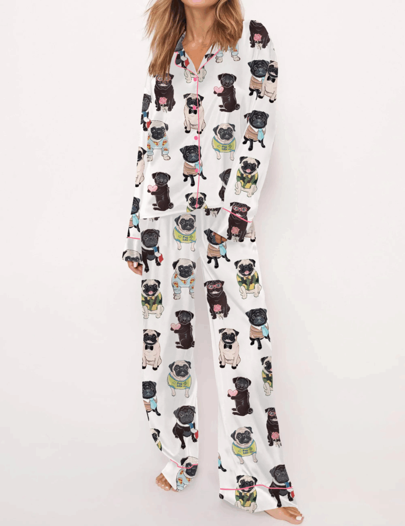 Cute Pug Silk Satin Pajama Set For Women