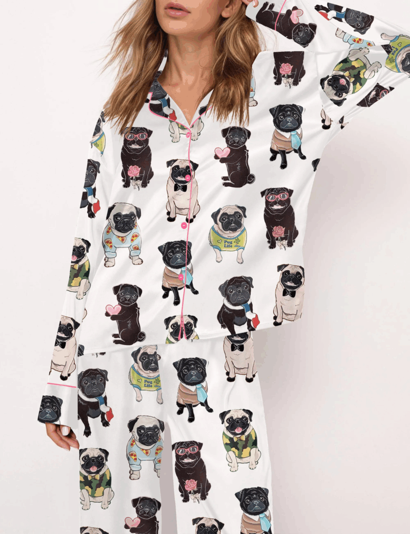 Cute Pug Silk Satin Pajama Set For Women