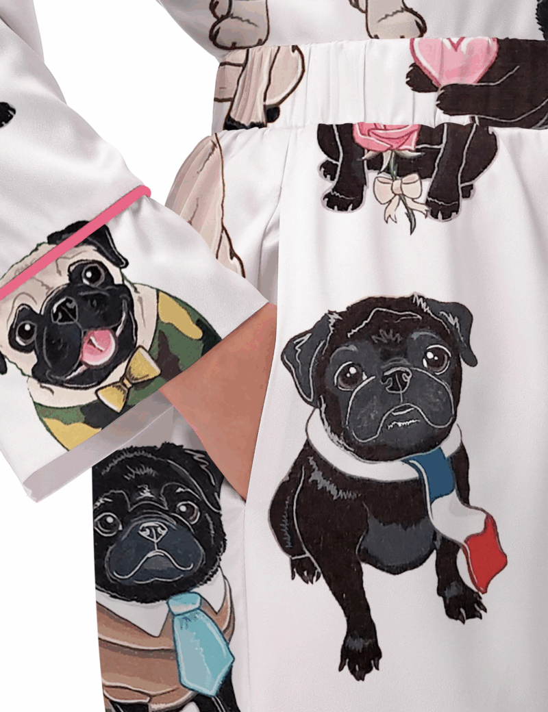 Cute Pug Silk Satin Pajama Set For Women