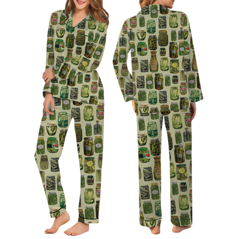 Dill Pickle Collage Satin Pajama Set For Women