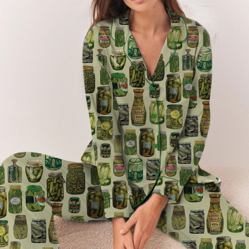 Dill Pickle Collage Satin Pajama Set For Women