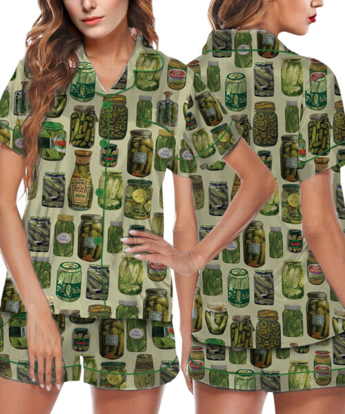 Dill Pickle Collage Satin Pajama Set For Women