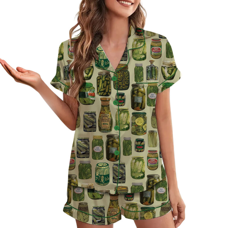 Dill Pickle Collage Satin Pajama Set For Women