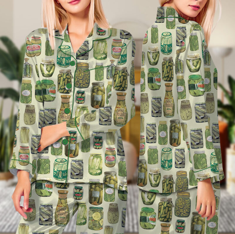 Dill Pickle Collage Satin Pajama Set For Women