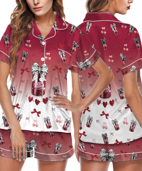 Dr Pepper And Cherry Satin Pajamas Set For Women
