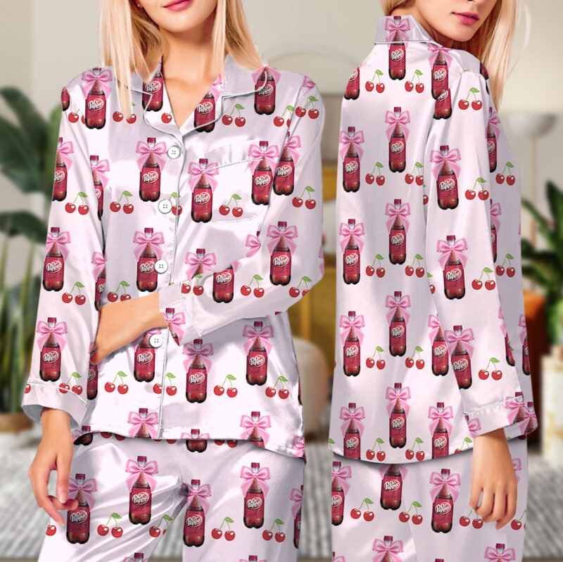 Dr Pepper Coquette With Cherries Satin Pajamas Set