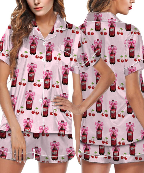 Dr Pepper Coquette With Cherries Satin Pajamas Set