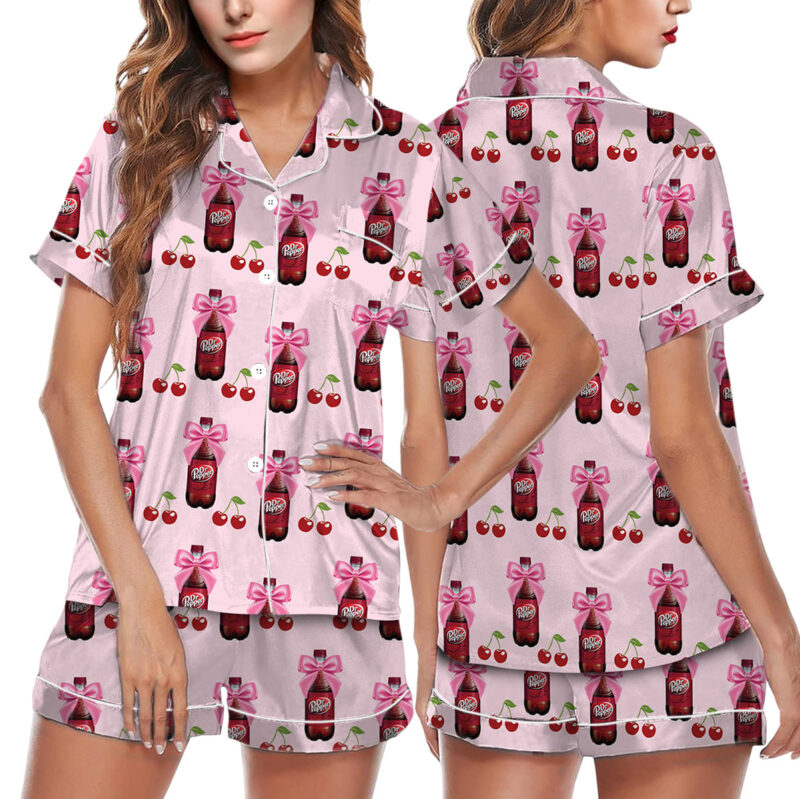 Dr Pepper Coquette With Cherries Satin Pajamas Set