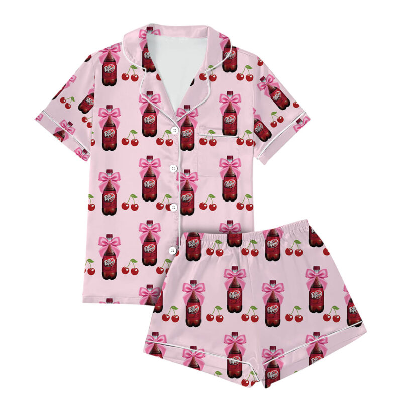Dr Pepper Coquette With Cherries Satin Pajamas Set