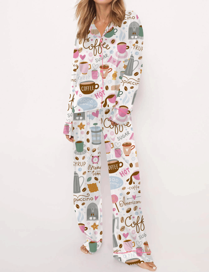 Drink Coffee Silky Satin Pajama Set For Women