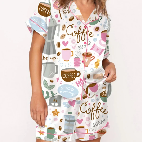 Drink Coffee Silky Satin Pajama Set For Women