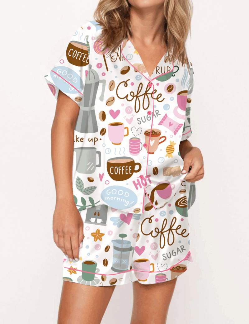 Drink Coffee Silky Satin Pajama Set For Women