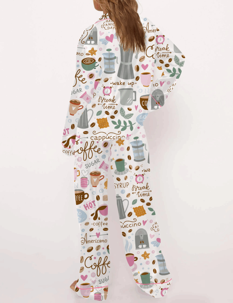 Drink Coffee Silky Satin Pajama Set For Women