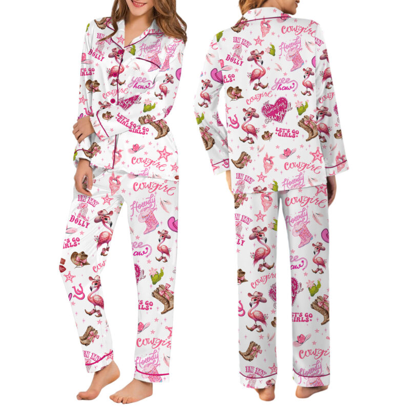Flamingo Cowgirl Satin Pajama Set For Women