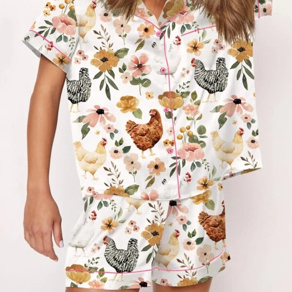 Floral Chickens Silk Satin Pajama Set For Women