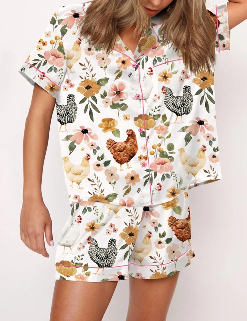 Floral Chickens Silk Satin Pajama Set For Women