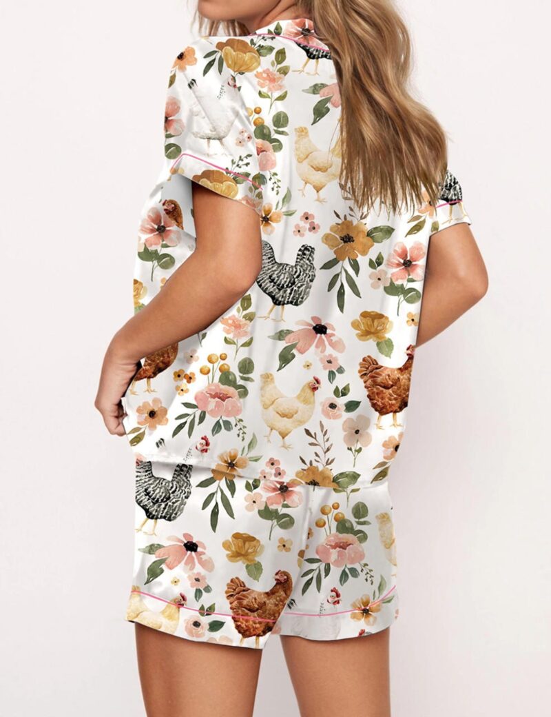 Floral Chickens Silk Satin Pajama Set For Women