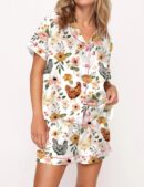 Floral Chickens Silk Satin Pajama Set For Women