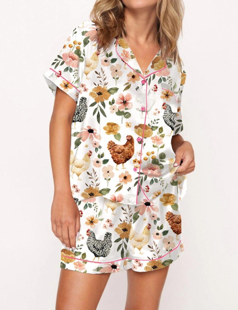 Floral Chickens Silk Satin Pajama Set For Women