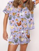 Floral Chickens Silk Satin Pajama Set For Women