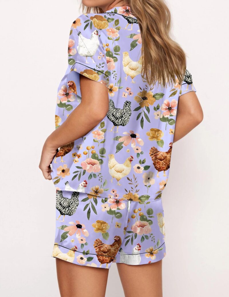 Floral Chickens Silk Satin Pajama Set For Women