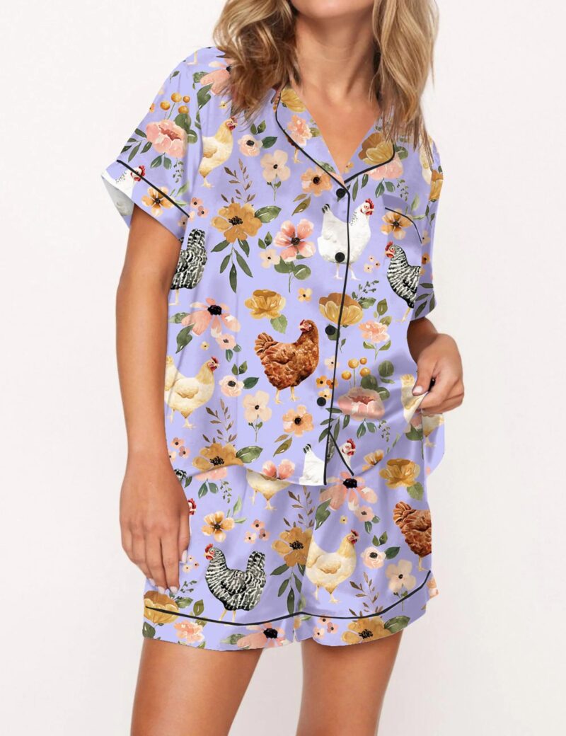 Floral Chickens Silk Satin Pajama Set For Women