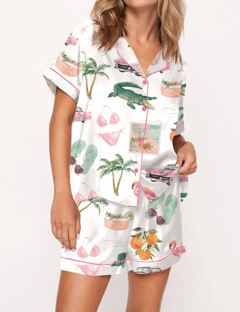 Florida Palm Beach Silk Satin Pajama Set For Women