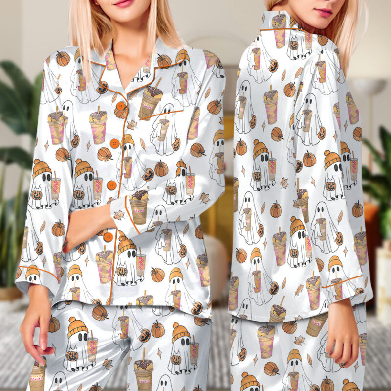 Ghost Pumpkin Satin Pajamas Set For Women