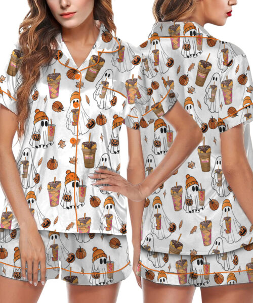 Ghost Pumpkin Satin Pajamas Set For Women