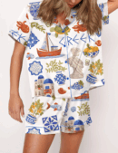 Greece Travel Silk Satin Pajama Set For Women