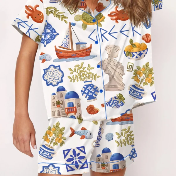 Greece Travel Silk Satin Pajama Set For Women